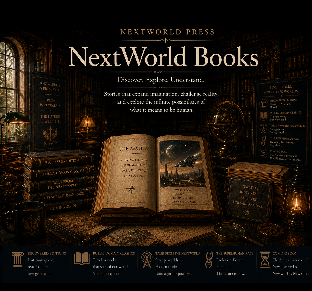 NextWorld Books feature image showing the parent archive book wing with Recovered Editions, Public Domain Classics, Tales From the NextWorld, The Superhuman Race, and Coming Soon