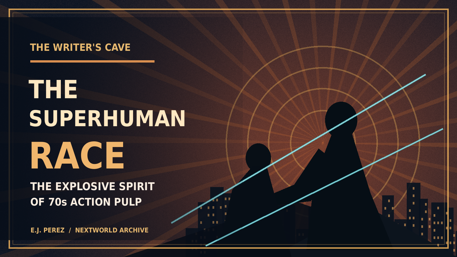 Vintage pulp-inspired illustration of two silhouetted figures against a fiery futuristic city, with the title The Superhuman Race.